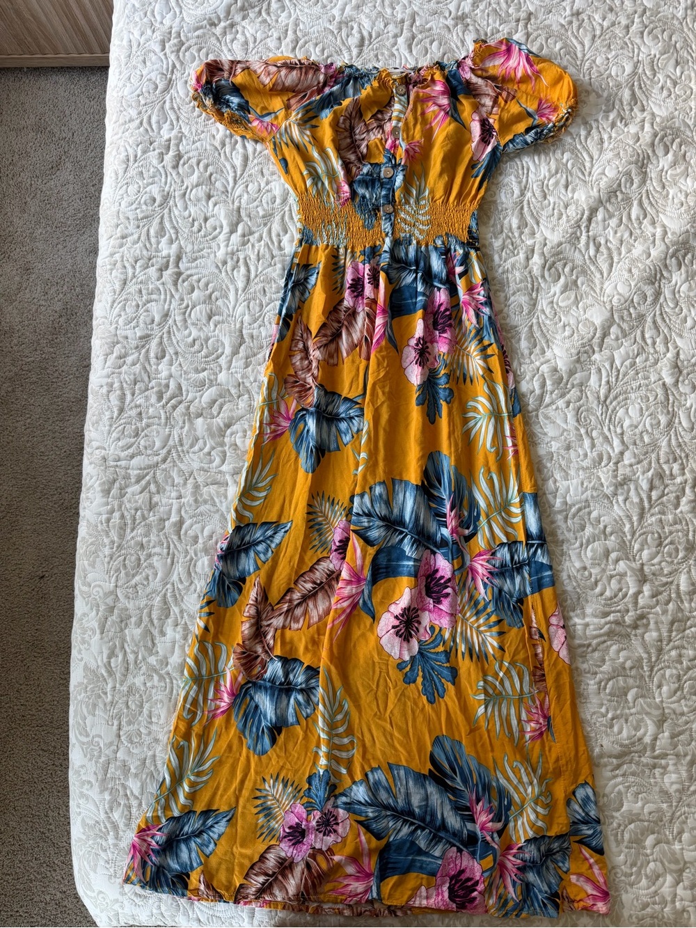 Mustard Yellow Tropical Maxi Dress with Pink & Navy Floral Print